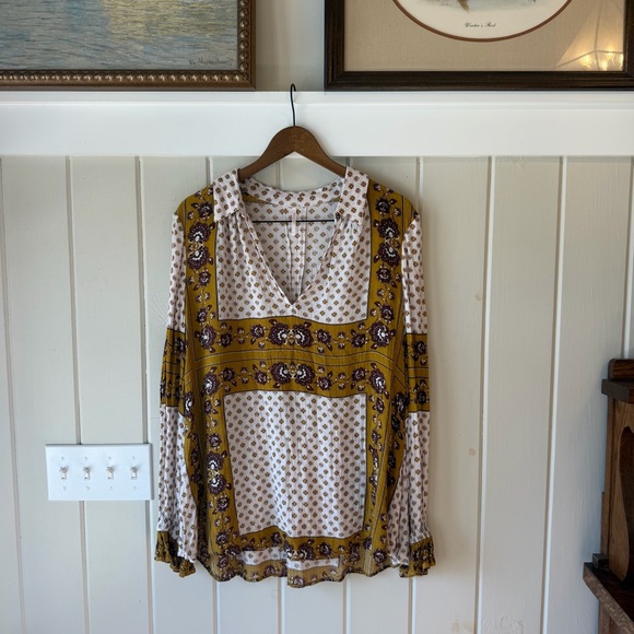 Free People Women’s Mustard and White Patterned Blouse, Bohemian, Size Large - Picture 2 of 9